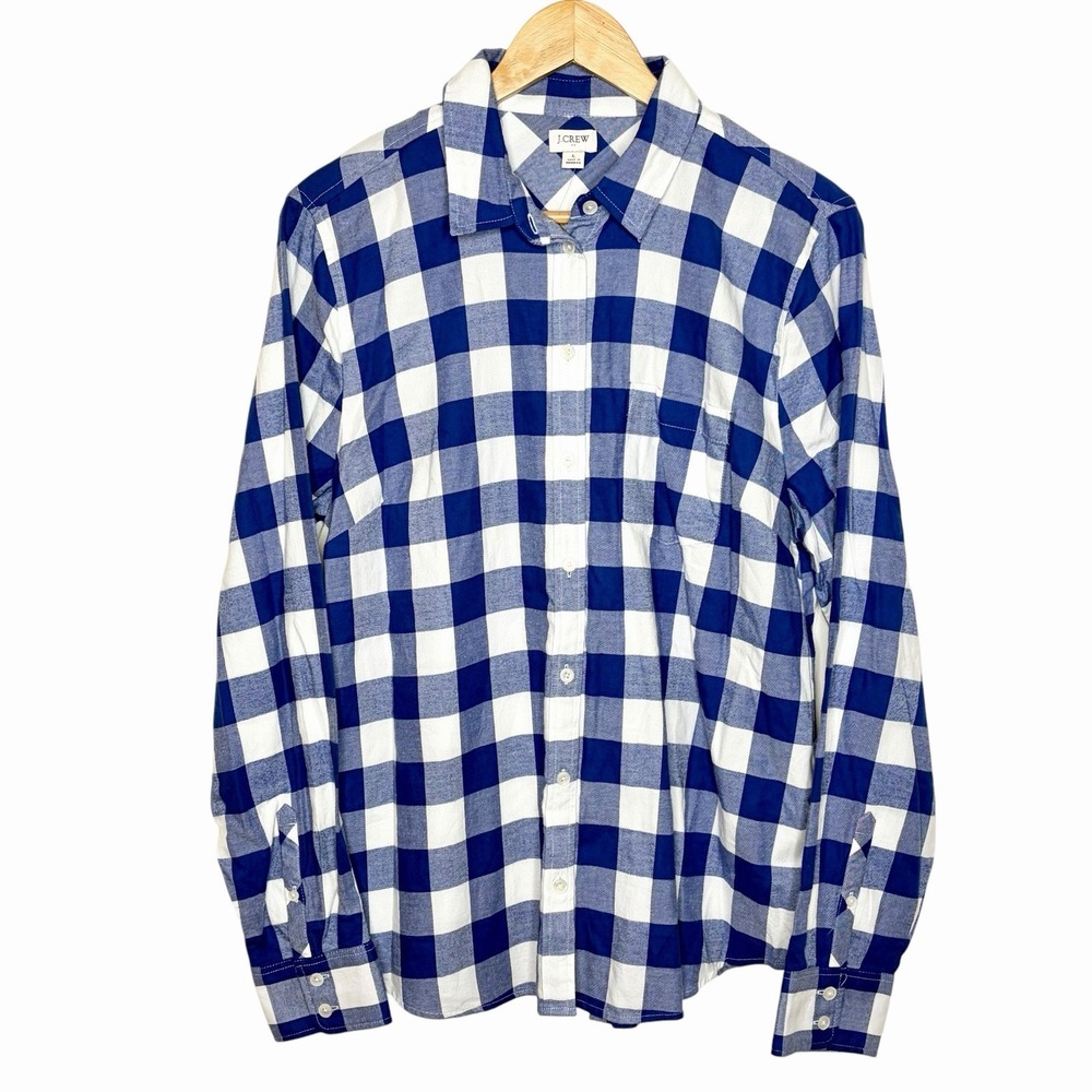 J Crew Check Plaid Flannel Shirt Blue Womens L Fisherman Nautical Grunge Earthy